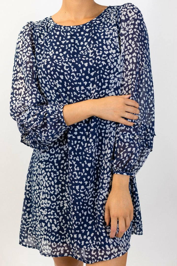 Among The Brave Fashion Poppy Navy Animal LS Double Frill Balloon Sleeve Mini Shift Dress