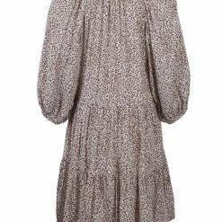Among The Brave Gemini Chocolate Ditsy Animal Puff Mid Sleeve Button Front Tiered Mini Dress Fashion