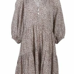 Among The Brave Gemini Chocolate Ditsy Animal Puff Mid Sleeve Button Front Tiered Mini Dress Fashion