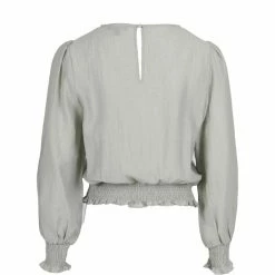 Among The Brave Fashion Pure Sage Crinkle LS Puff Sleeve Shirred Hem Top