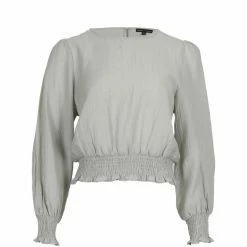 Among The Brave Fashion Pure Sage Crinkle LS Puff Sleeve Shirred Hem Top