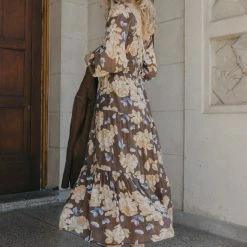 Ivy + Jack Ruby Mocha Floral LS Shirred Bodice Tiered Midi Dress Fashion