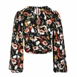 Among The Brave Fashion Reign Large Black Floral LS Balloon Sleeve Plunge Button Front Crop Top