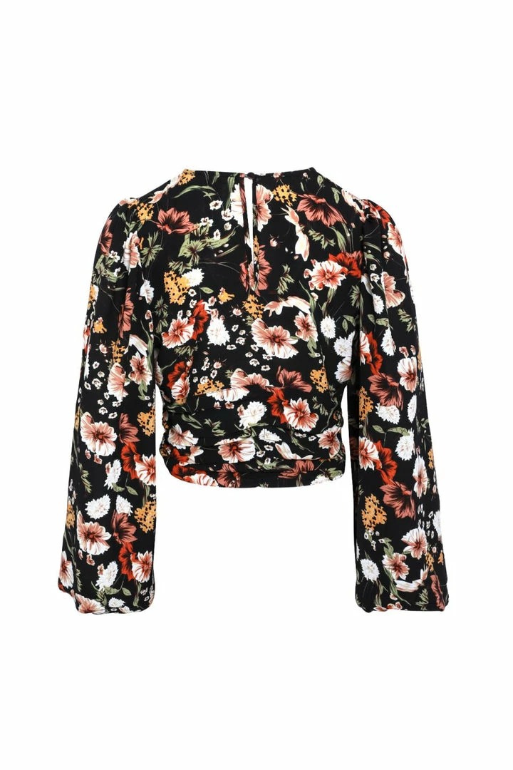Among The Brave Fashion Reign Large Black Floral LS Balloon Sleeve Plunge Button Front Crop Top