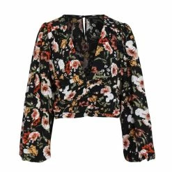 Among The Brave Fashion Reign Large Black Floral LS Balloon Sleeve Plunge Button Front Crop Top