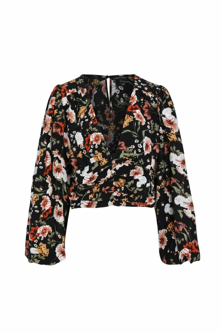 Among The Brave Fashion Reign Large Black Floral LS Balloon Sleeve Plunge Button Front Crop Top