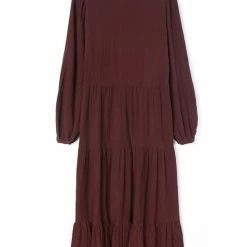 Ivy + Jack Remi Raisin Cotton LS Frill V Neck Maxi Shirt Dress Fashion