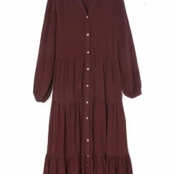 Ivy + Jack Remi Raisin Cotton LS Frill V Neck Maxi Shirt Dress Fashion
