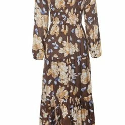 Ivy + Jack Ruby Mocha Floral LS Shirred Bodice Tiered Midi Dress Fashion