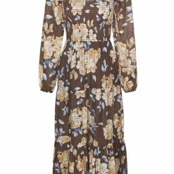 Ivy + Jack Ruby Mocha Floral LS Shirred Bodice Tiered Midi Dress Fashion
