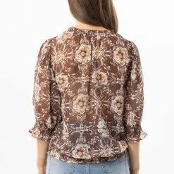 Seeking Lola Fae Brown Floral V Neck SS Shirred Hem Top Fashion