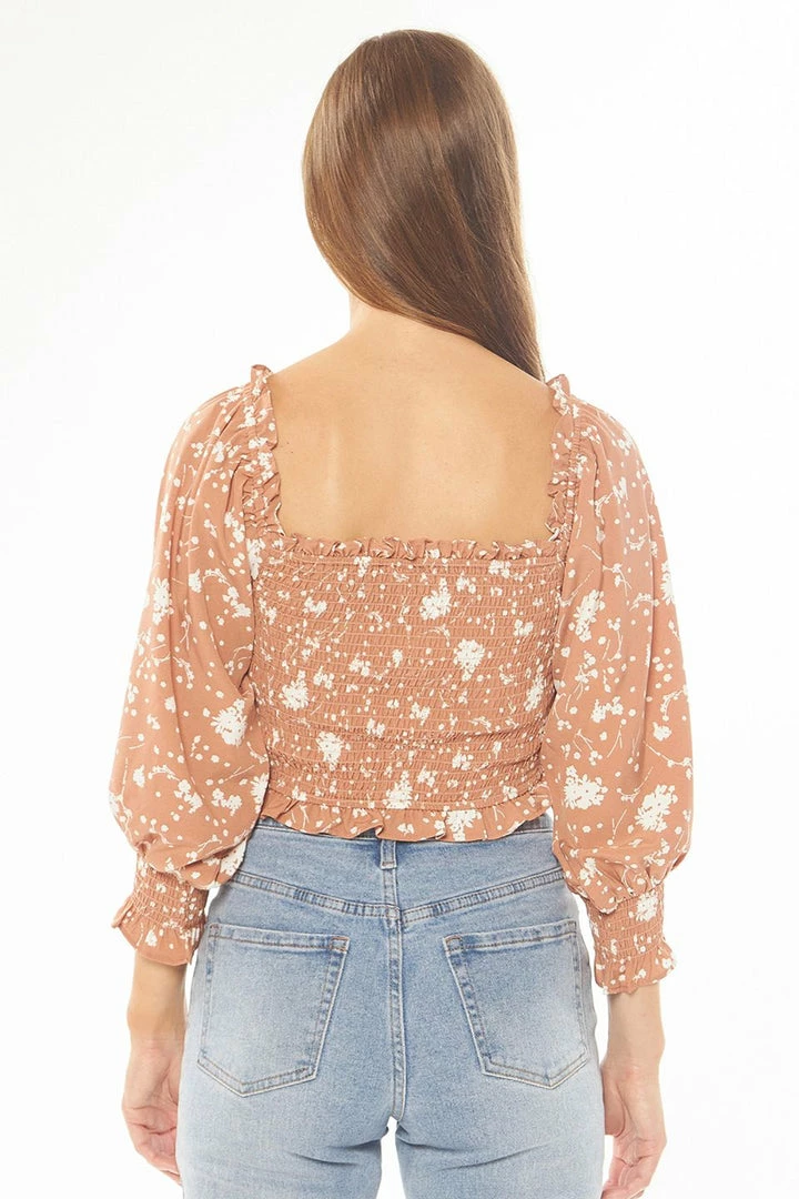 Seeking Lola Fashion Angelic Toffee Bloom Puff LS Shirred Bodice Top