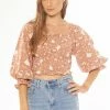 Seeking Lola Fashion Angelic Toffee Bloom Puff LS Shirred Bodice Top