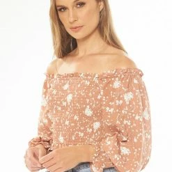 Seeking Lola Fashion Angelic Toffee Bloom Puff LS Shirred Bodice Top
