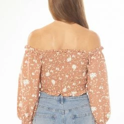 Seeking Lola Fashion Angelic Toffee Bloom Puff LS Shirred Bodice Top