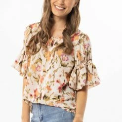 Seeking Lola Vibrant Ivory Smudge Bubble Frilled SS Top