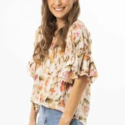 Seeking Lola Vibrant Ivory Smudge Bubble Frilled SS Top