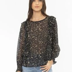 Seeking Lola Fashion Resillient Black Gold Glitter LS Frill Top