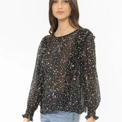 Seeking Lola Fashion Resillient Black Gold Glitter LS Frill Top