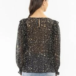 Seeking Lola Fashion Resillient Black Gold Glitter LS Frill Top