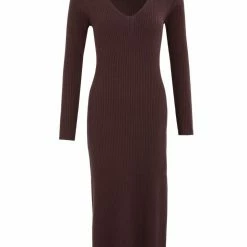 Among The Brave Fashion Skillful Tobacco Rib Knit LS V Neck Midi Dress