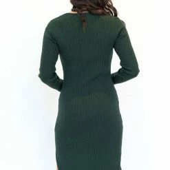 Among The Brave Skillful Forest Rib Knit LS V Neck Midi Dress Fashion