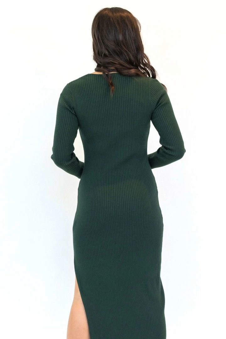 Among The Brave Skillful Forest Rib Knit LS V Neck Midi Dress Fashion