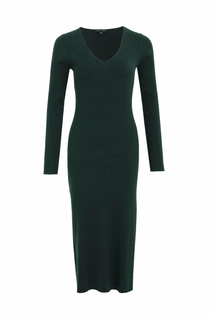 Among The Brave Skillful Forest Rib Knit LS V Neck Midi Dress Fashion