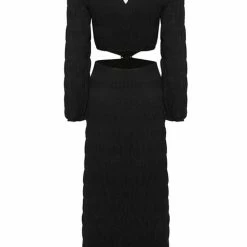 Ivy + Jack Skyler Black Shirred Cotton LS V Neck Waist Cut Out Maxi Dress Fashion