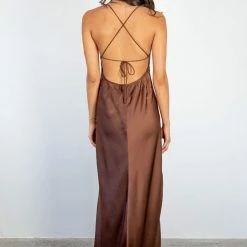 Among The Brave Fashion Slinky Chocolate Satin Strappy Crossover Tie Back Bias Midi Dress