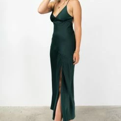 Among The Brave Fashion Slinky Forest Satin Strappy Crossover Tie Back Bias Midi Dress