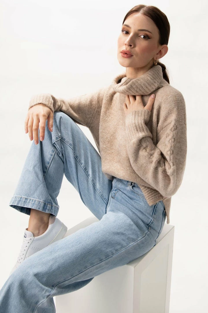 Among The Brave Soulful Mink Super Soft Cable Sleeve Raglan Cropped Roll Neck Knit Fashion