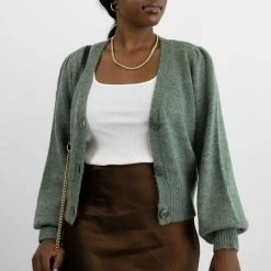 Among The Brave Spirited Soft Khaki Mohair Blend Balloon Sleeve Cropped Cardigan Fashion
