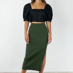 Among The Brave Possibility Khaki Rib Knit Midi Skirt Fashion