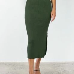Among The Brave Possibility Khaki Rib Knit Midi Skirt Fashion