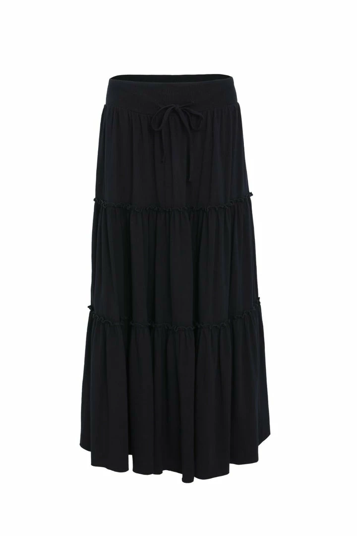 Among The Brave Fashion Tamara Black Tie Waist Tiered Jersey Midi Skirt