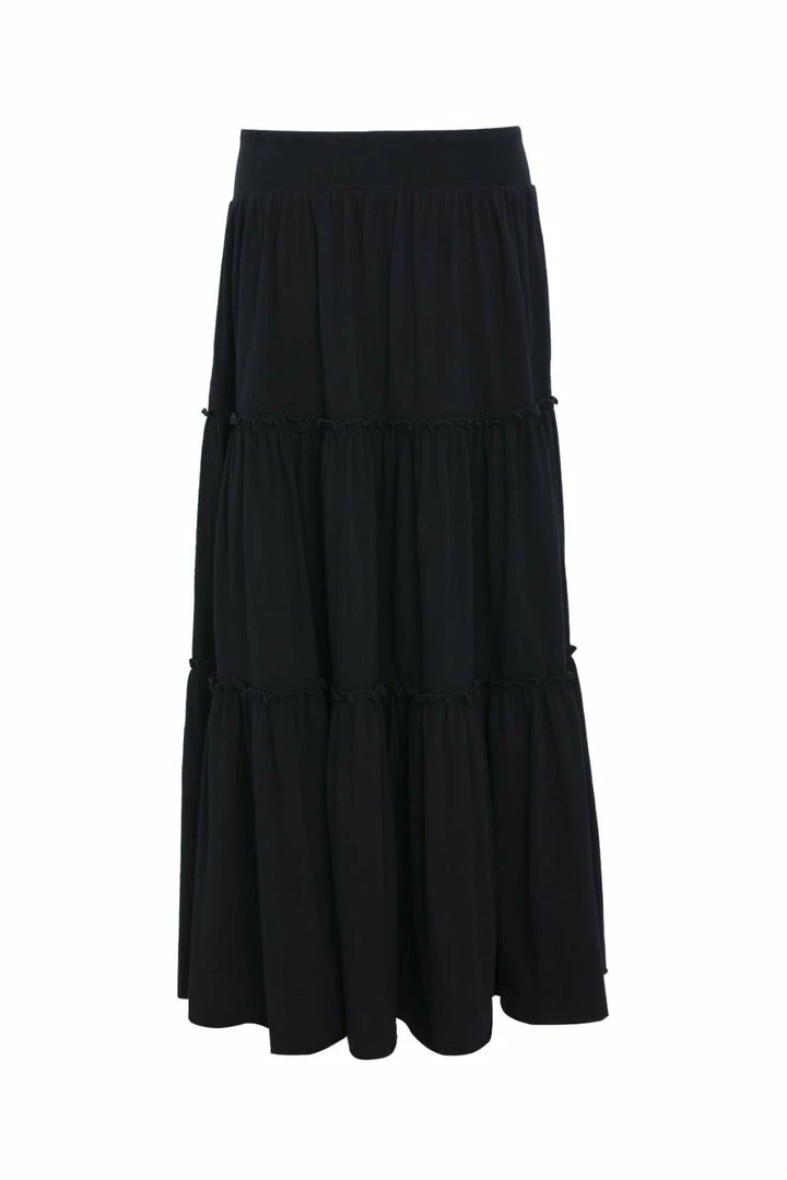 Among The Brave Fashion Tamara Black Tie Waist Tiered Jersey Midi Skirt