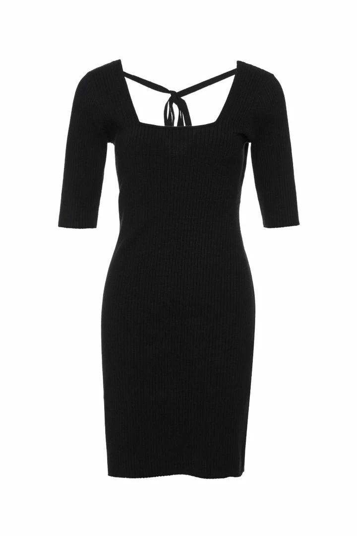 Among The Brave Fashion Titan Black Square Neck Tie Back Half Sleeve Rib Knit Mini Dress