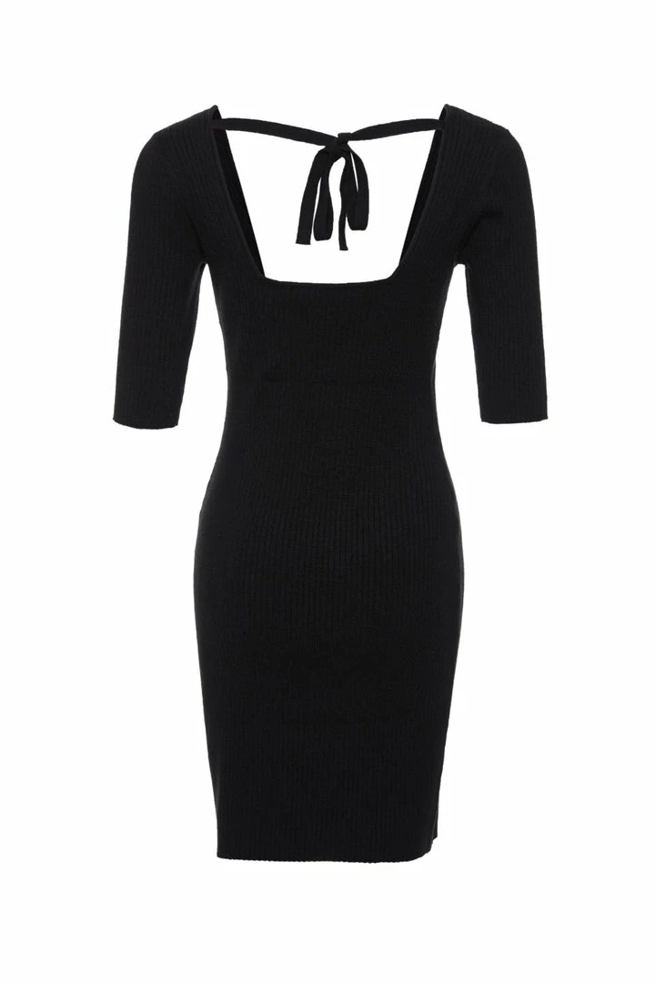 Among The Brave Fashion Titan Black Square Neck Tie Back Half Sleeve Rib Knit Mini Dress