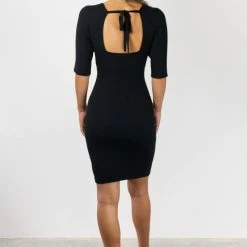 Among The Brave Fashion Titan Black Square Neck Tie Back Half Sleeve Rib Knit Mini Dress