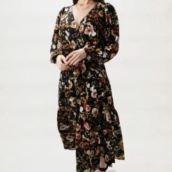 Among The Brave Twilight Large Black Floral LS Tiered Maxi Dress Fashion