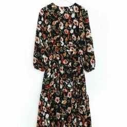 Among The Brave Twilight Large Black Floral LS Tiered Maxi Dress Fashion
