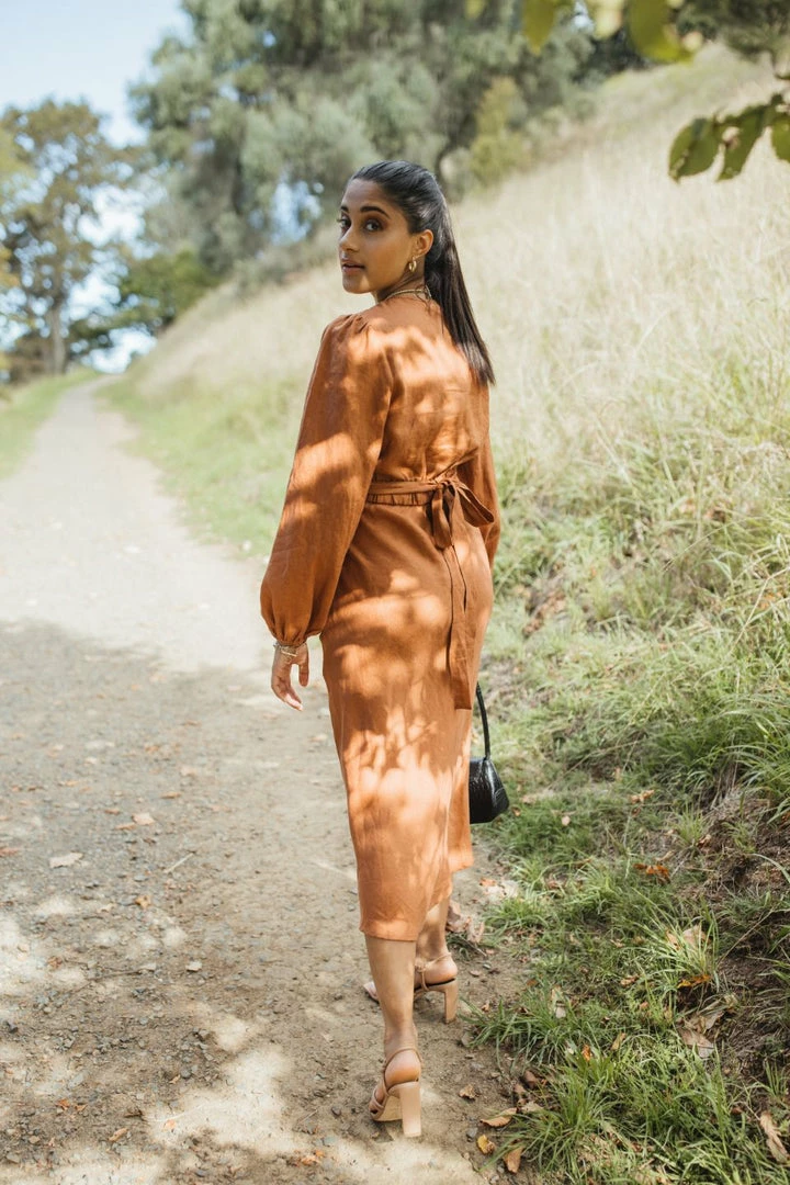 Among The Brave Fashion Utopia Spice Bias Linen Midi Skirt With Self Buttons