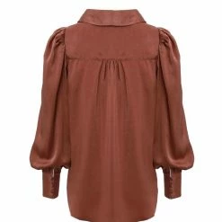 Among The Brave Victory Copper Satin Tie Front Puff Sleeve Shirt Fashion