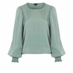 Among The Brave Fashion Violet Sea Foam LS Shirred Cuff Tie Hem Satin Top