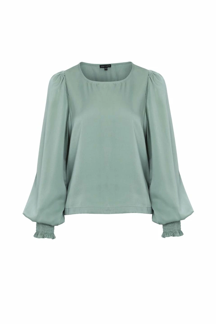 Among The Brave Fashion Violet Sea Foam LS Shirred Cuff Tie Hem Satin Top