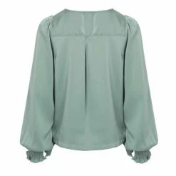 Among The Brave Fashion Violet Sea Foam LS Shirred Cuff Tie Hem Satin Top