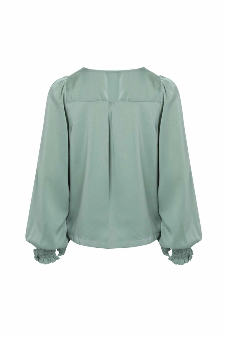 Among The Brave Fashion Violet Sea Foam LS Shirred Cuff Tie Hem Satin Top