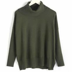 Among The Brave Vital Dark Khaki Soft Fine Gauge Relaxed Roll Neck Knit Fashion