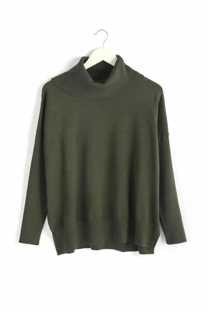 Among The Brave Vital Dark Khaki Soft Fine Gauge Relaxed Roll Neck Knit Fashion